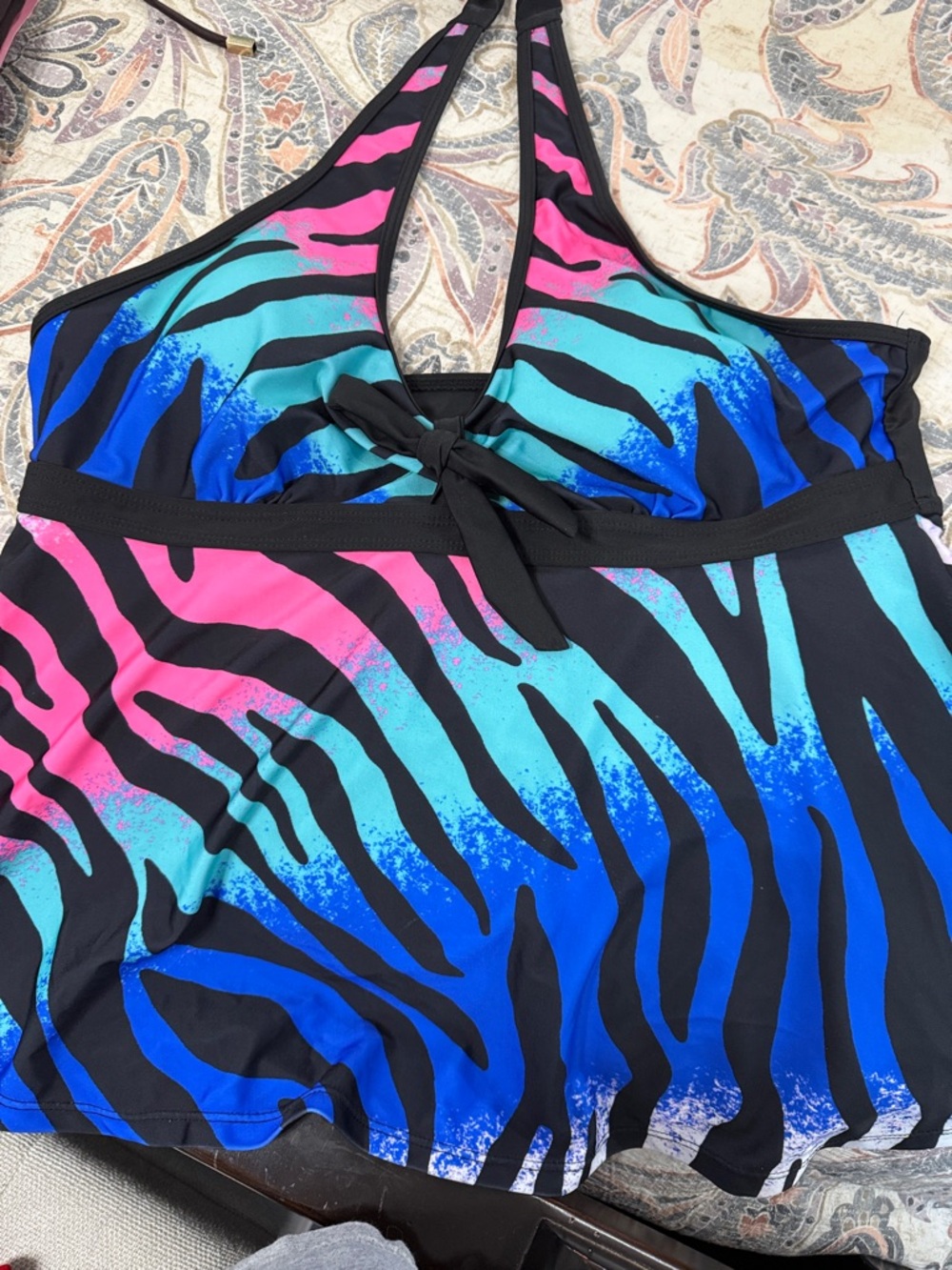 Source Unknown Black Halter Swim Top with Blue, Teal & Pink Zebra Print